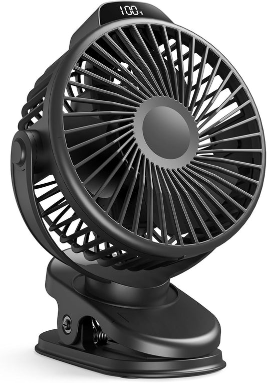 Koonie Portable Clip On Fan, Small Rechargeable Battery Operated, 3 Speed Mini clamp Fan With LED Display, 360° Rotate Personal Cooling Desk Fan for Stroller Bed Travel Camping Golf Gym