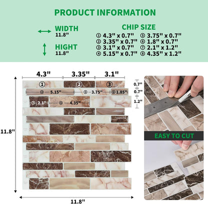 LONGKING Marble Peel and Stick Backsplash for Kitchen, 3D Adhesive Tile Backsplash for Kitchen, Bathroom, Wall Tile, 10 Sheets, 12" x 12"