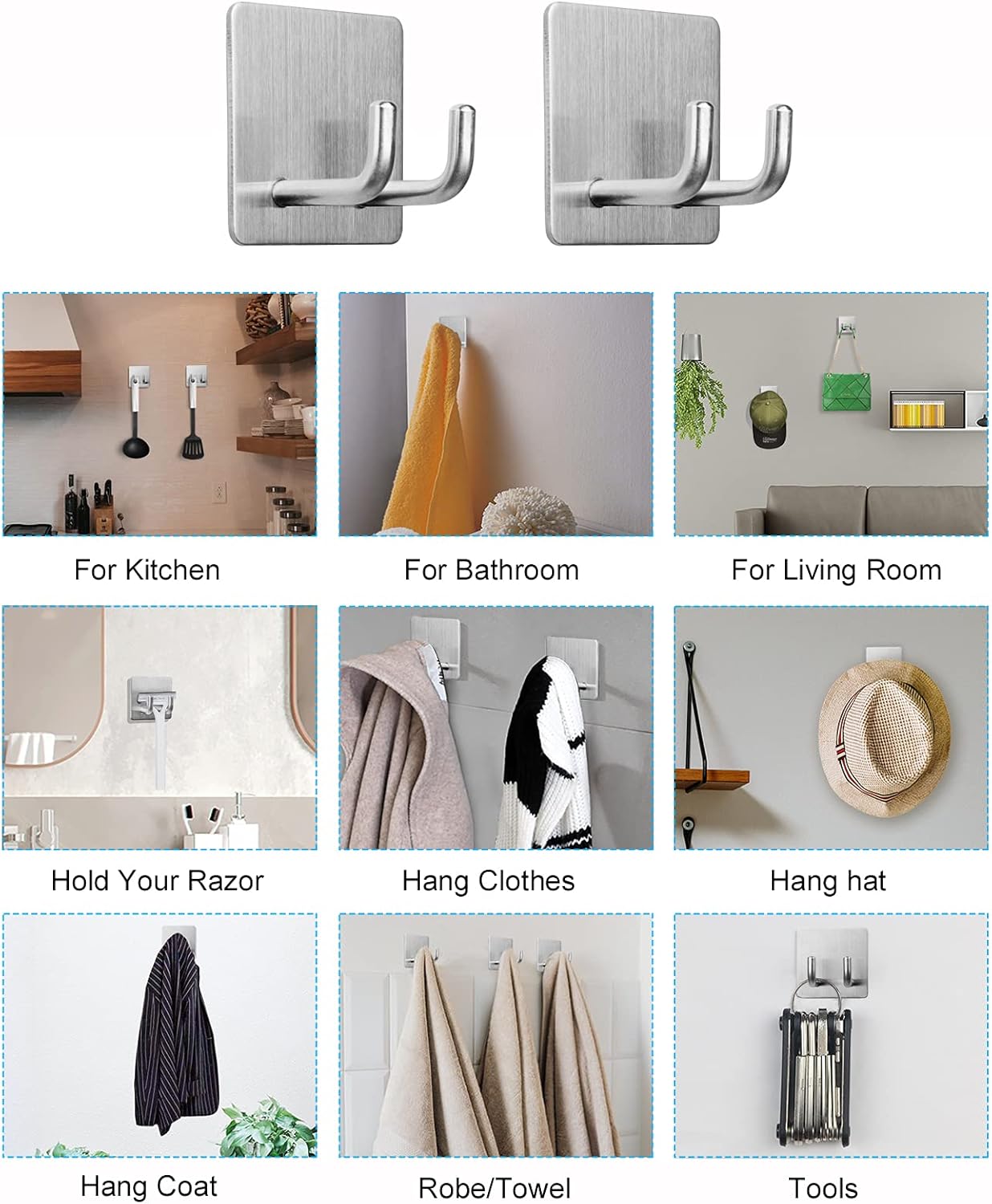 Yikla Adhesive Hooks, Bathroom Wall Towel Hooks, Black Stick Shower Razor Holder, Stainless Steel Door Hangers for Coat Loofah Robes Self Adhesive Organizer for Kitchen