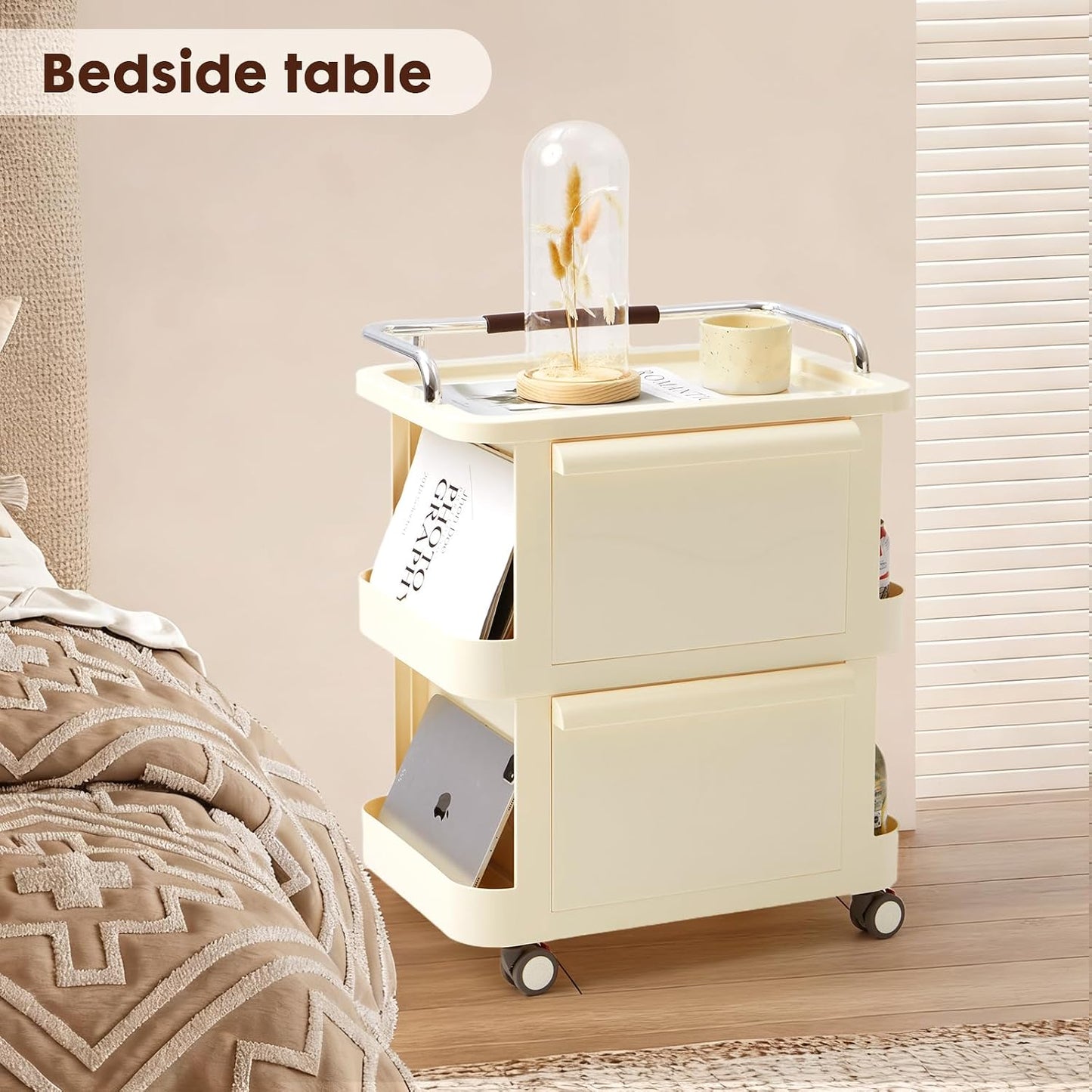 2 Tier Rolling Cart with Drawers - Multi-Functional Storage Slim Rolling Cart with 2 Drawers - Storage Cabinet for Bedroom, Living Room & Kitchen, Ideal for Snacks, Toys & Daily Essentials