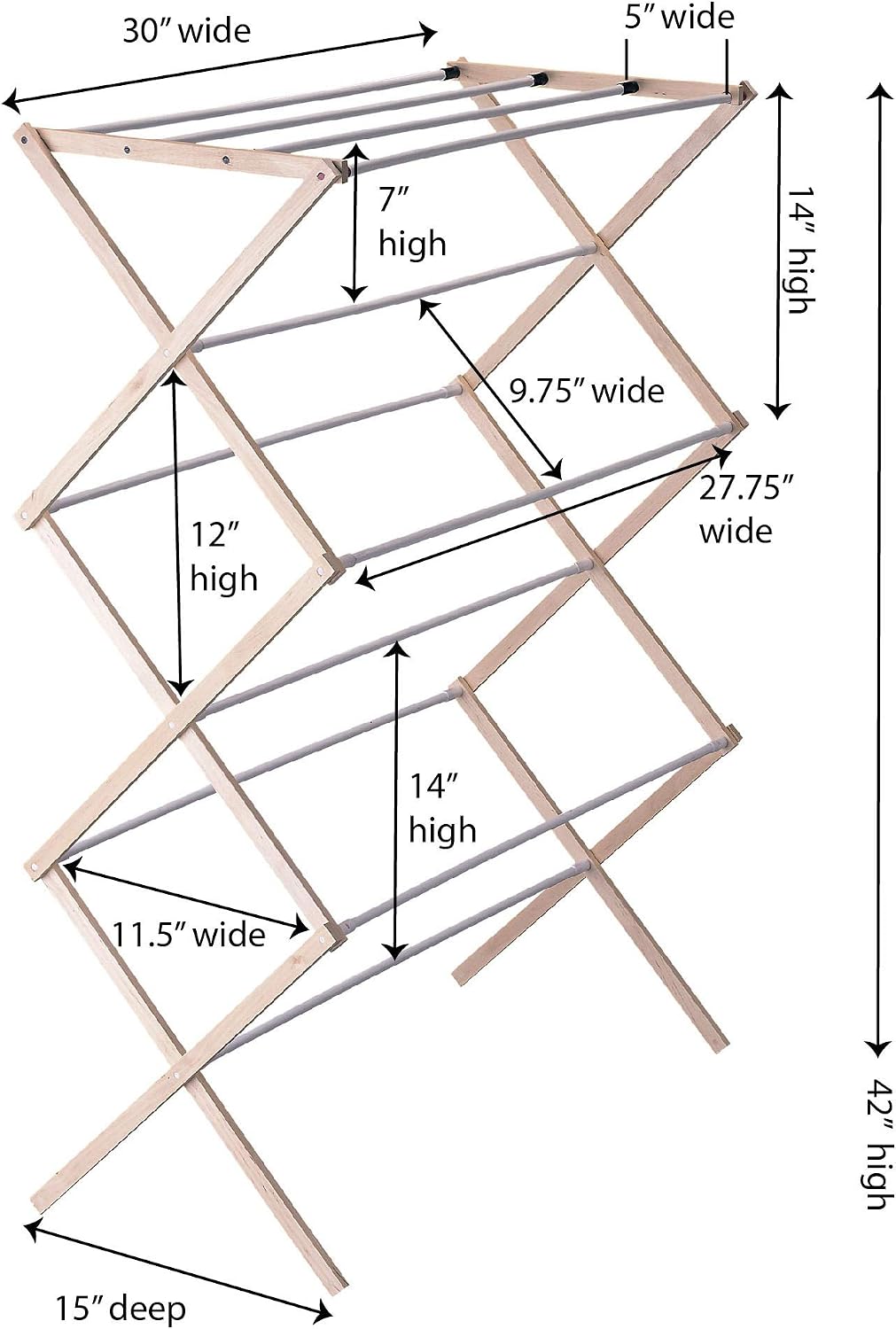 Household Essentials X-Frame Clothes Drying Rack, Stabile Wood Frame with Slanted Feet, Smooth Vinyl Wrapped Rods, 23.8 Feet of Hanging Space, Ready to Assemble, Flat Top, Natural