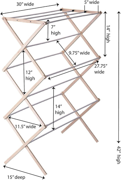 Household Essentials X-Frame Clothes Drying Rack, Stabile Wood Frame with Slanted Feet, Smooth Vinyl Wrapped Rods, 23.8 Feet of Hanging Space, Ready to Assemble, Flat Top, Natural