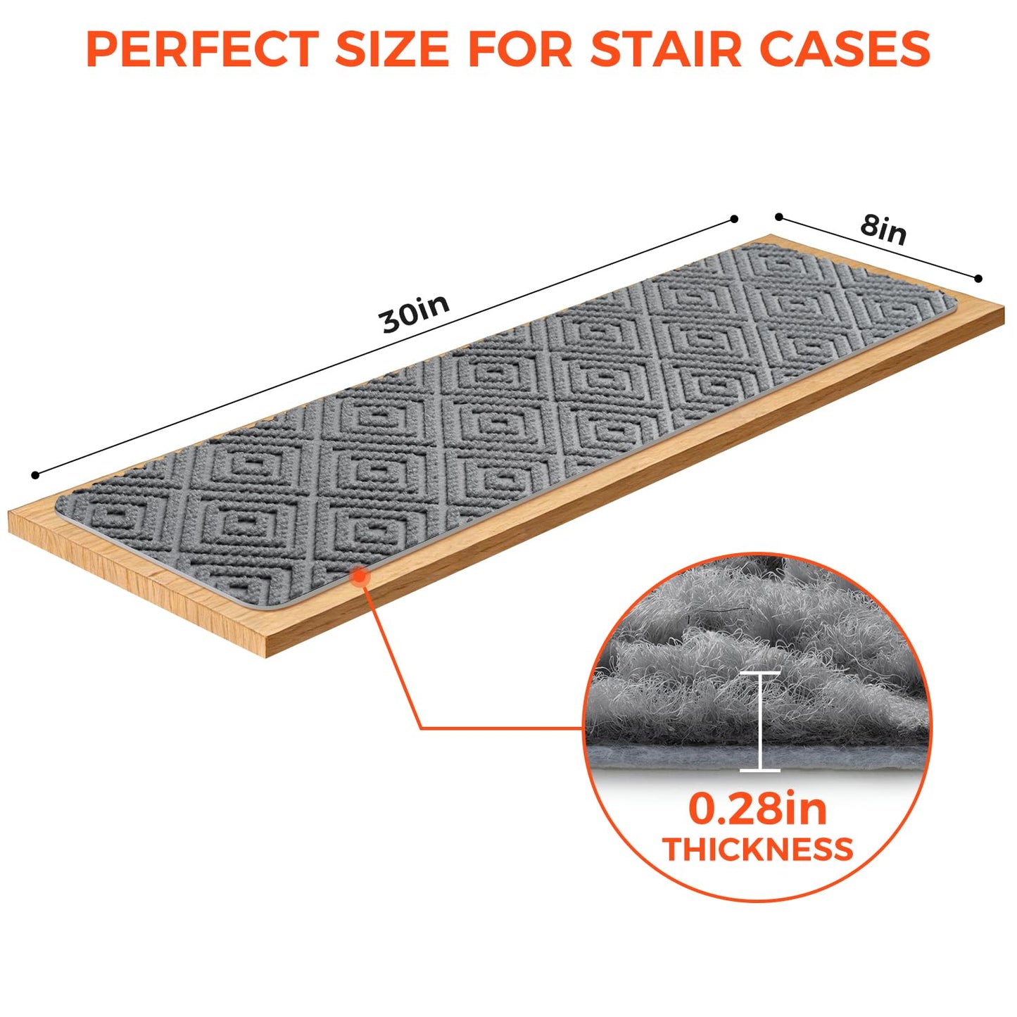 BAGAIL 15 Pack Non-Slip Stair Treads for Wooden Steps, 8"x30" Peel and Stick Carpet Stair Runners, Machine Washable Indoor Step Covers with No-Residue Adhesive for Dogs, Kids & Elderly - Bluish Grey
