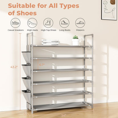 LANTEFUL 6 Tier Shoe Rack Storage for 24-30 Pairs Shoe and Boot, Shoe Organizer with Hook and Side Pocket Free Standing Long Shoe Shelf Tall Shoe Rack Organizer for Closet, Entryway, Dorm, White