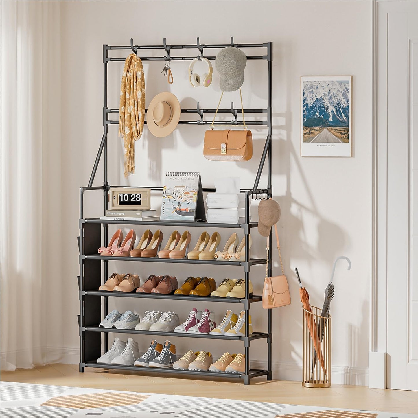 OYREL Shoe Rack, 5 Tier Shoes Storage Organizer, with Functional Hooks and Side Pocket, 20-25 Pairs, for Closet/Entrance/Entryway, Sneaker and Boot Stackable Free Standing Shoe Rack