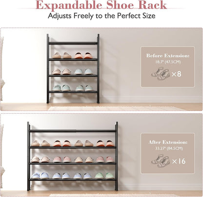 Bumusty 3-Tier Expandable Shoe Rack for Closet, 18“-33” Adjustable Shoe Rack for Small Space, Small Shoe Organizer for Front Door, Sturdy Metal, Black