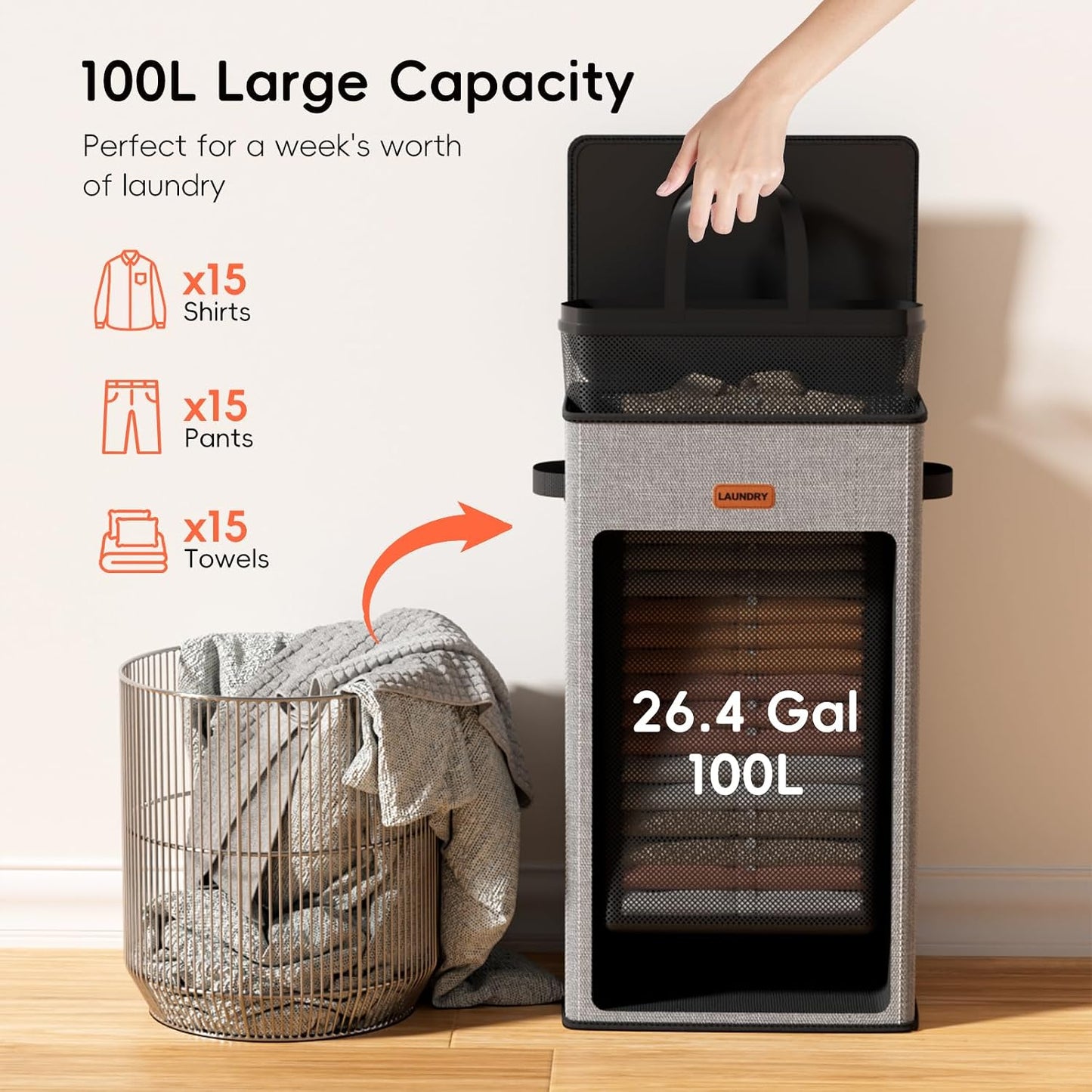 185L Laundry Hamper 3 Section, Laundry Hamper with Lid, Dirty Clothes Hamper with 3 Removable Washing Bags, Extra Large Laundry Basket Organizer for Bedroom, Laundry Room, Dorm - Black