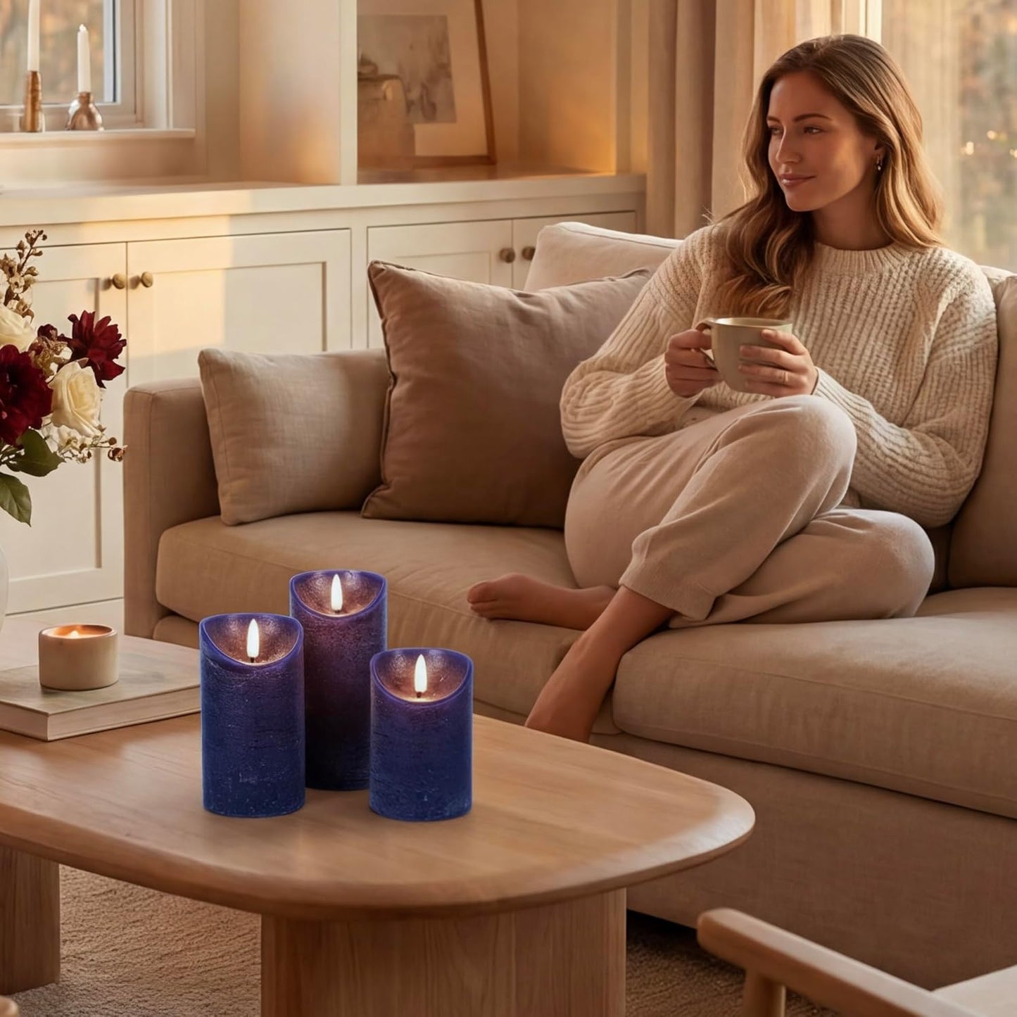 Elyrae Navy Blue Flameless Candles with Remote and Timer, Real Wax Made LED Pillar Candles Battery Operated with 3D Flickering Flame, 3" x 4",5",6", Navy Blue Decor, Set of 3