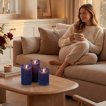 Elyrae Navy Blue Flameless Candles with Remote and Timer, Real Wax Made LED Pillar Candles Battery Operated with 3D Flickering Flame, 3" x 4",5",6", Navy Blue Decor, Set of 3