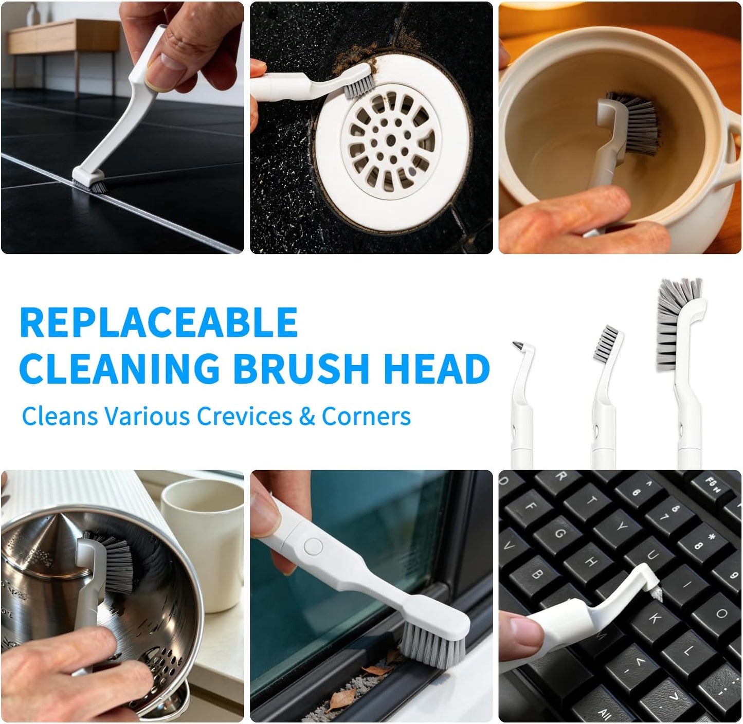 Small Scrub Brush, Hard Bristle Crevice Cleaning Brush Set with 6Pcs Brush Heads & 2Pcs Handles, Multifunctional Grout Scrubber Tools for Kitchen, Bathroom, Sink, Corner, Mug and Blender