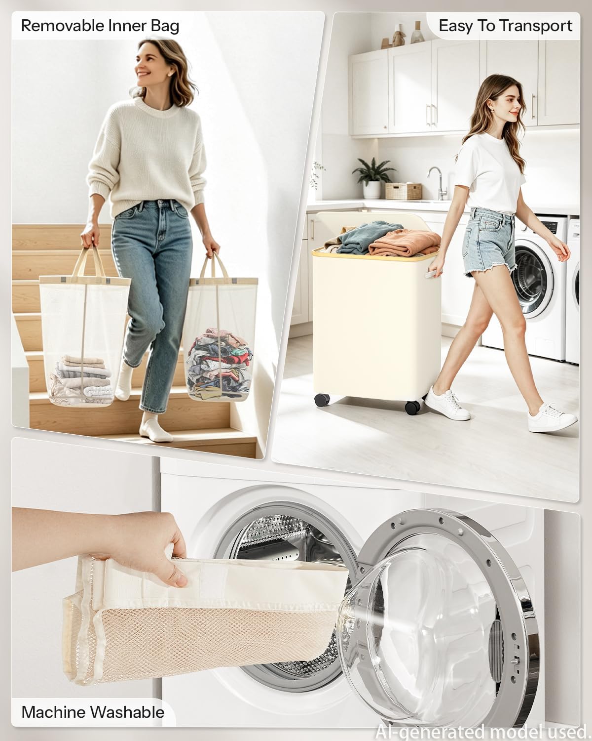 Double Laundry Hamper with Lid and Wheels, 150L Large Laundry Basket with 2 Sections & Removable Liner Bags, Rolling Dirty Clothes Basket with Handles for Bedroom, Bathroom, Dorm, College