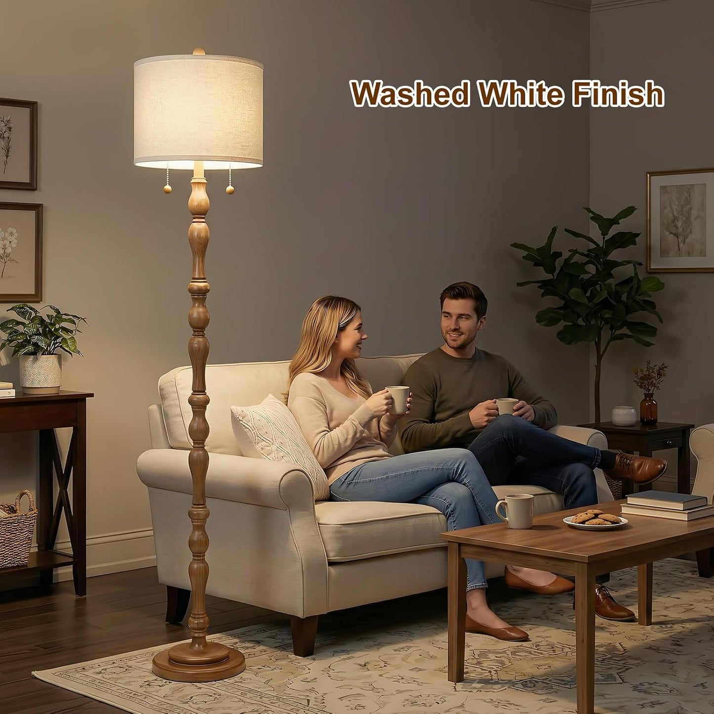 Scenekoy 65.5” Natural Real Wood Floor Lamp for Living Room Bedroom, Dual S Cluster Socket, Pull Chains Switch, Farmhouse Tall Standing Lamp with Linen Shade for Home Room Decor (Bulbs Included)