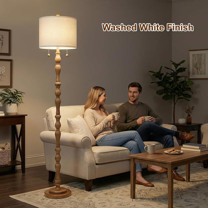 Scenekoy 65.5” Natural Real Wood Floor Lamp for Living Room Bedroom, Dual S Cluster Socket, Pull Chains Switch, Farmhouse Tall Standing Lamp with Linen Shade for Home Room Decor (Bulbs Included)