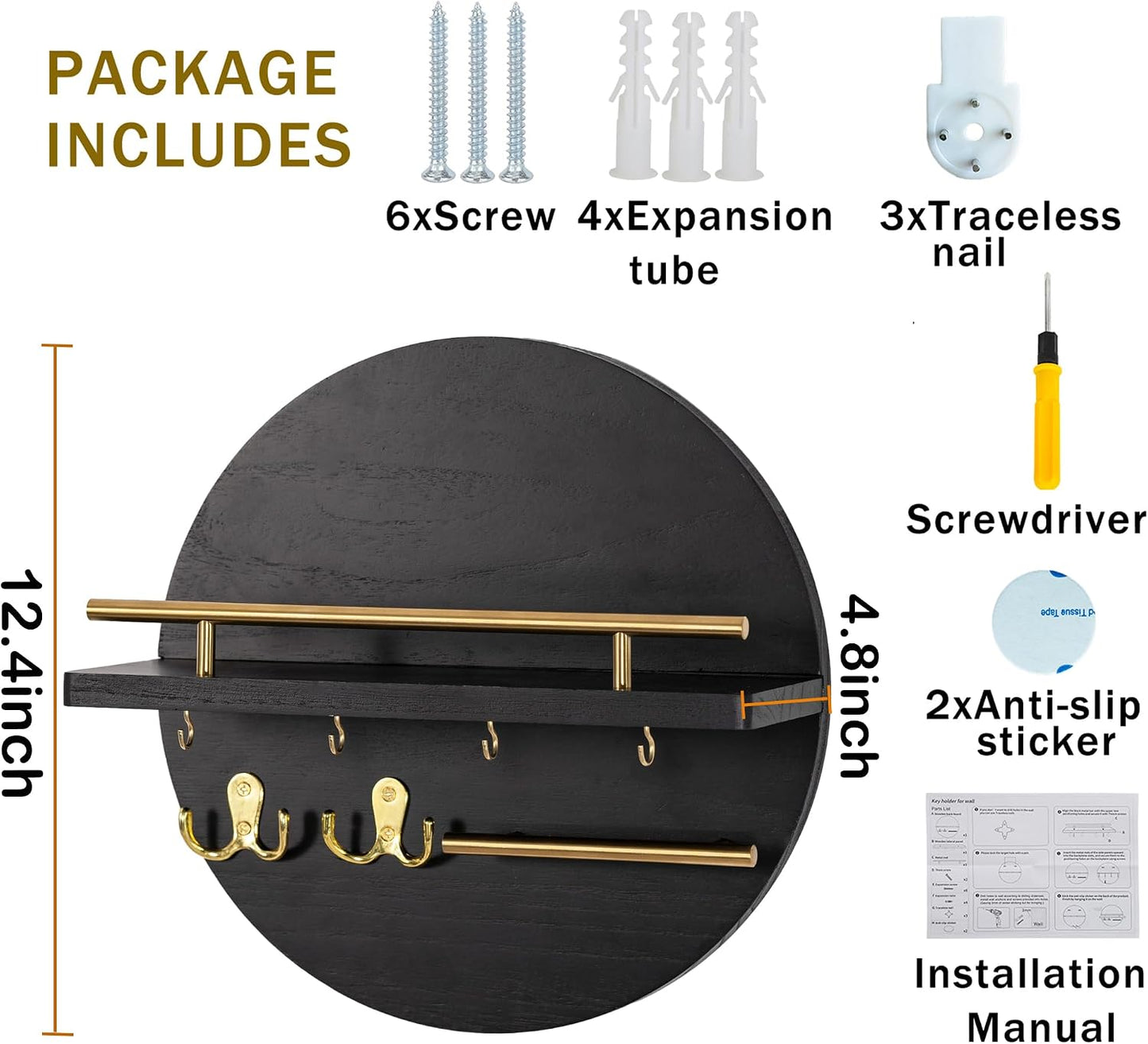 dreampossible Key Holder for Wall Decorative with Shelf and Hooks, Mail Organizer Wall Mount, Circular Design Entryway Key Rack Hanger, Rustic Home Decor (Black)