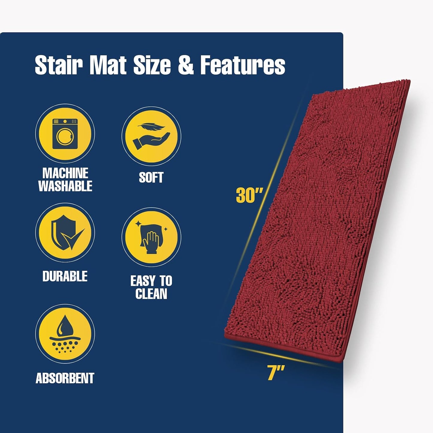 Muddy Mat® Pack of 4 - Soft Chenille Stair Treads Non-Slip Reusable, Super Absorbent Stair Treads for Wooden Steps, Tile & Marble Floor, Easy to Install & Machine Washable - Brown 30'' x 7''