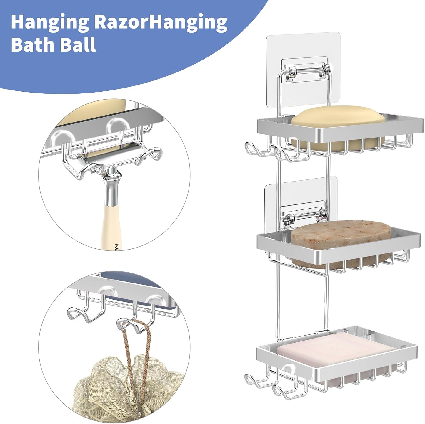 Moforoco Double Soap Bar Holder for Shower, No Drilling, 304 Stainless Steel, Wall Mounted Soap Holder with 4 Hooks and Razor Holder, Shower Rack Soap Tray Bar Soap for Bathroom Accessories Organizer