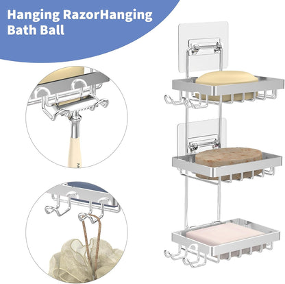 Moforoco Double Soap Bar Holder for Shower, No Drilling, 304 Stainless Steel, Wall Mounted Soap Holder with 4 Hooks and Razor Holder, Shower Rack Soap Tray Bar Soap for Bathroom Accessories Organizer