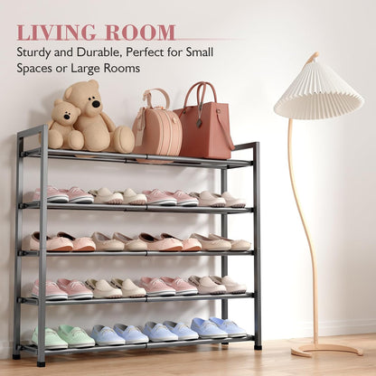 Bumusty 3-Tier Expandable Shoe Rack for Closet, 18“-33” Adjustable Shoe Rack for Small Space, Small Shoe Organizer for Front Door, Sturdy Metal, Black