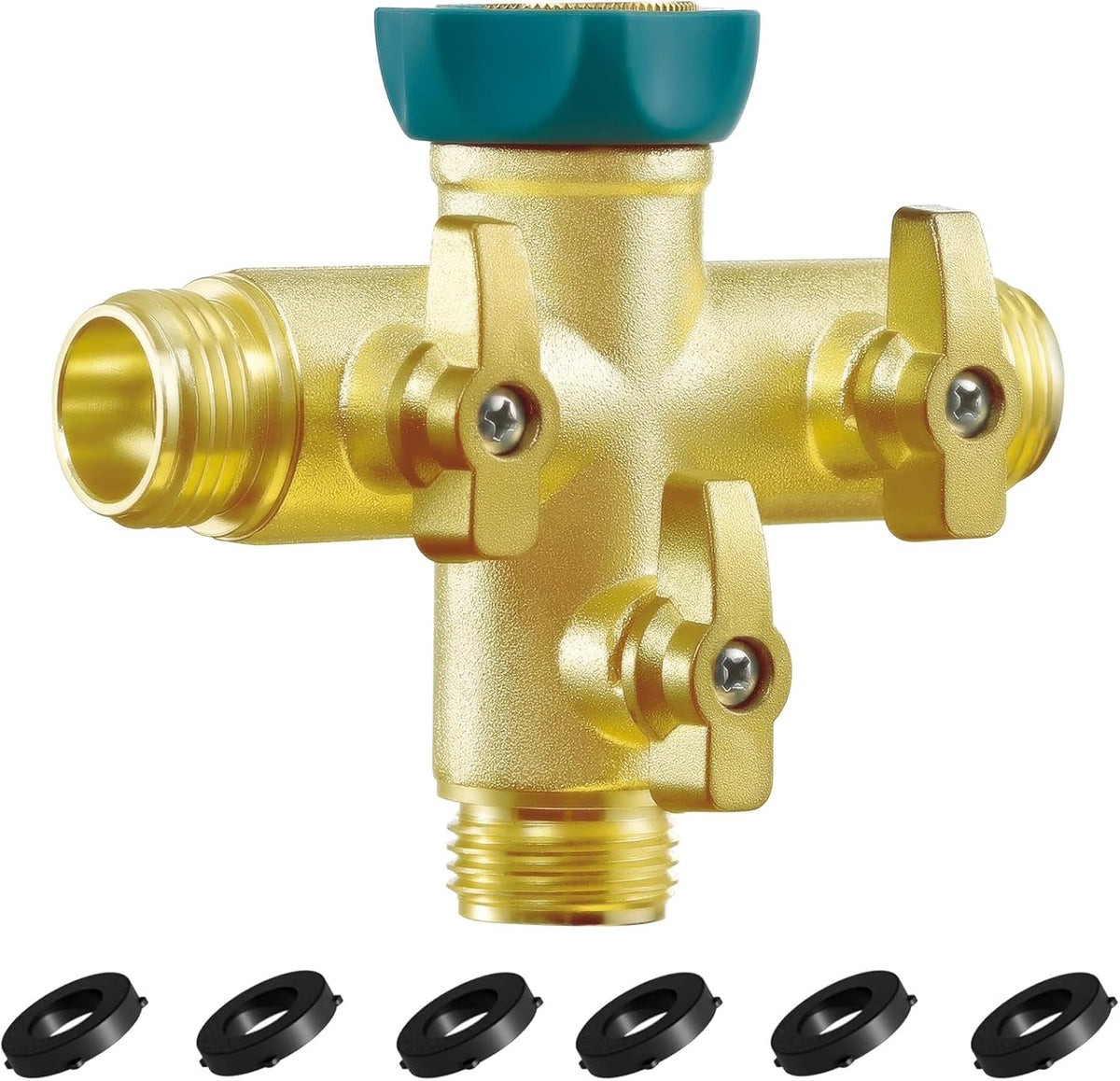 IPOW Upgrade Full Flow Garden Hose Splitter with Stainless Steel Handle, Brass Heavy Duty 2 Way Y Valve Garden Hose Splitter High Flow Spigot Splitter + 6 Rubber Hose Washers with Comfort Grip Use