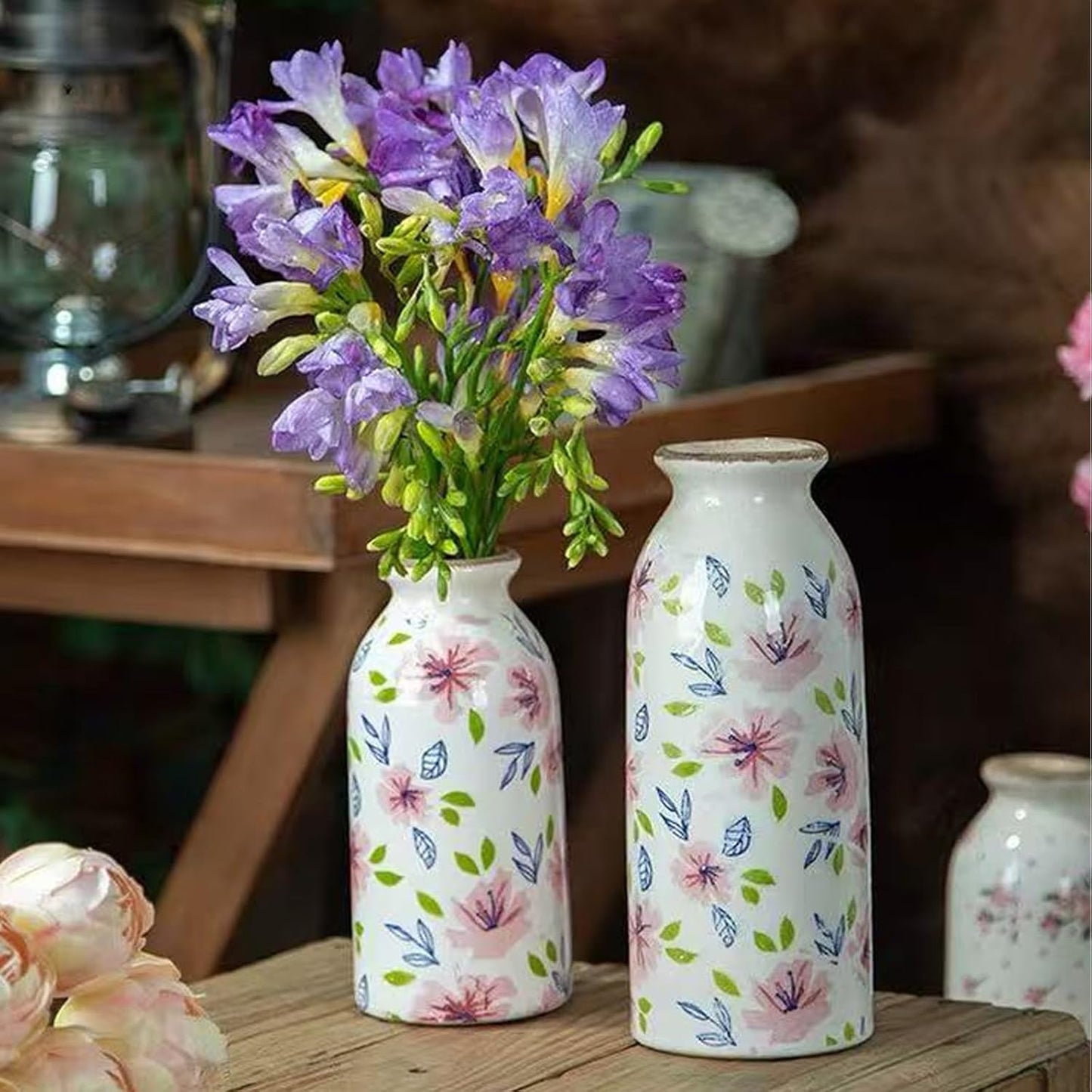 Rustic Ceramic Vase Set of 3 - Beige Rustic Vases for Flowers,Farmhouse Flower Vases for Home Decor,Small Decorative Vase Set for Living Room,Table Shelf,Centerpieces and Fireplace Decorations