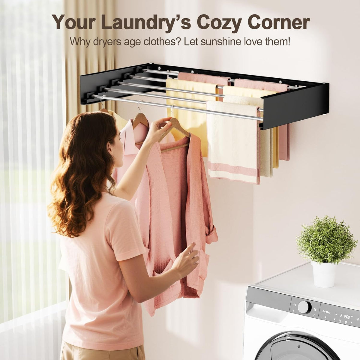 Wall Mounted Clothes Drying Rack Folding Indoor, Foldable Laundry Drying Rack Collapsible,Invisible, Space Saving, Retractable Towel Drying Rack, with Wall Template(5 Drying Rods, White 32")