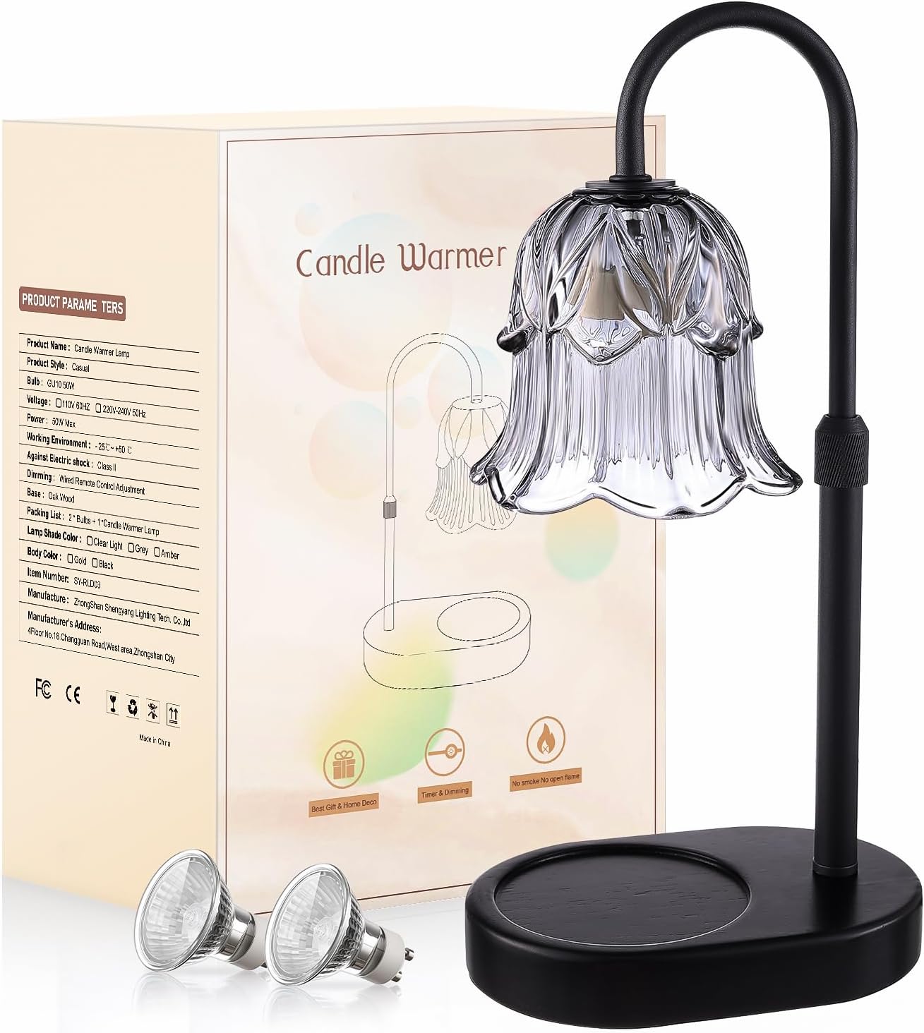 Candle Warmer Lamp Adjustable Timer - Electric Flower Glass Candles Warmers Adjustable Height Dimmable Vintage Base Modern Wax Candles Top Warmers for Small Jar Scented Wax Melts