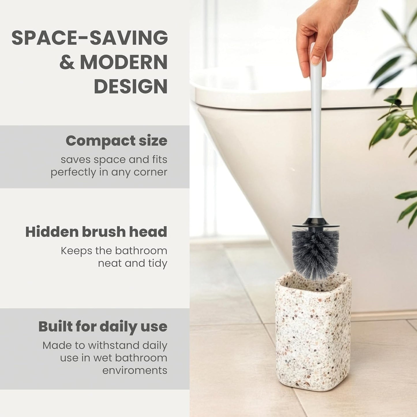 Vigar Zense Toilet Brush and Holder Set - Toilet Bowl Brush and Holder, Polyresin Stone Bathroom Accessory, Compact Toilet Cleaner Brush for Bathroom Decor and Toilet Accessories Set - White Marble