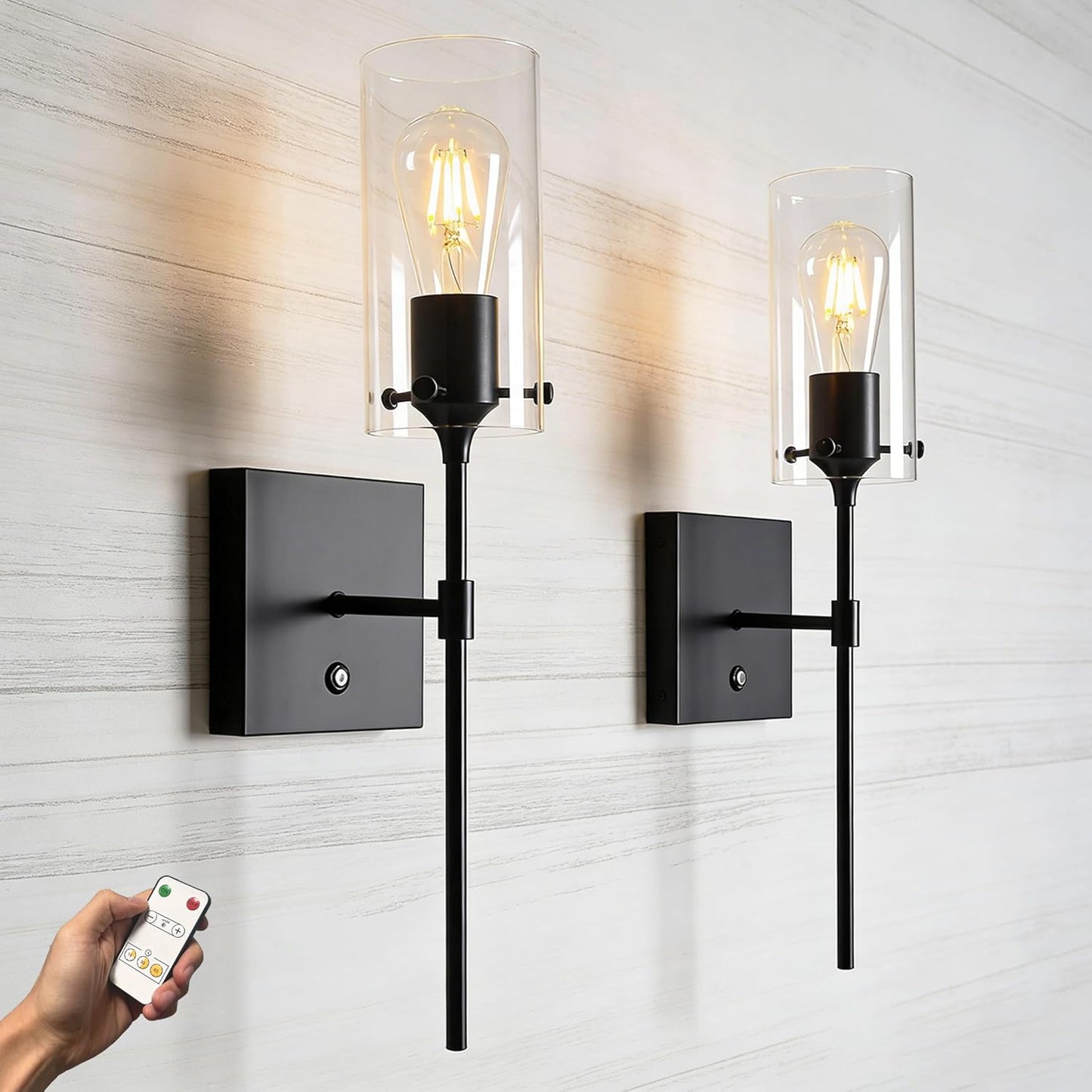 Wireless Wall Sconces with Remote Control, Black Battery Operated Wall Sconces Set of 2, Rechargeable Dimmable Wall Light for Bedroom Living Room Bathroom Hallway Entryway Stairwell,3 Colors
