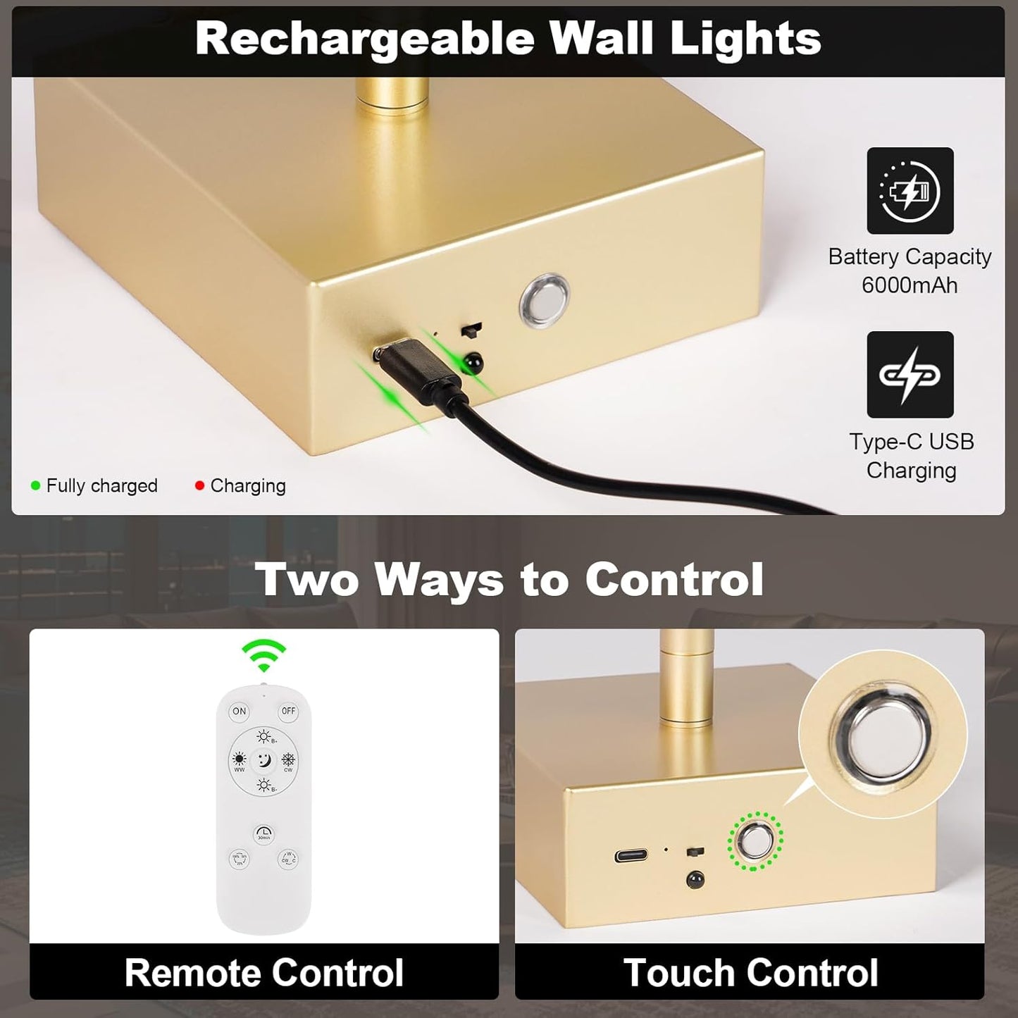 Battery Operated Wall Sconce Set of Two with Remote Control, 3000K-6000K Dimmable Black Wall Lights, Timable LED Wireless Wall Sconces, 350° Ratate for Bathroom, Living Room, Hallway 29.1 Inch