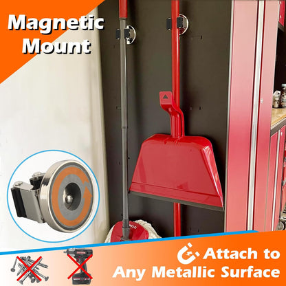 MUTUACTOR Heavy Duty Magnetic Broom Holder,Anti-slip Magnetic Tool Rack with Top Utility Shelf, Easy Assembly Broom Mop Organizer for Refrigerator Metal Cabinet Laundry Room Kitchen,3-Clamps 4-Hooks