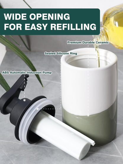 BosilunLife Automatic Soap Dispenser Ceramic Hand Free Soap Dispenser with Waterproof Pump Rechargeable Smart Electric Lotion Soap Dispenser Touchless (White-Green, Foam Pump)