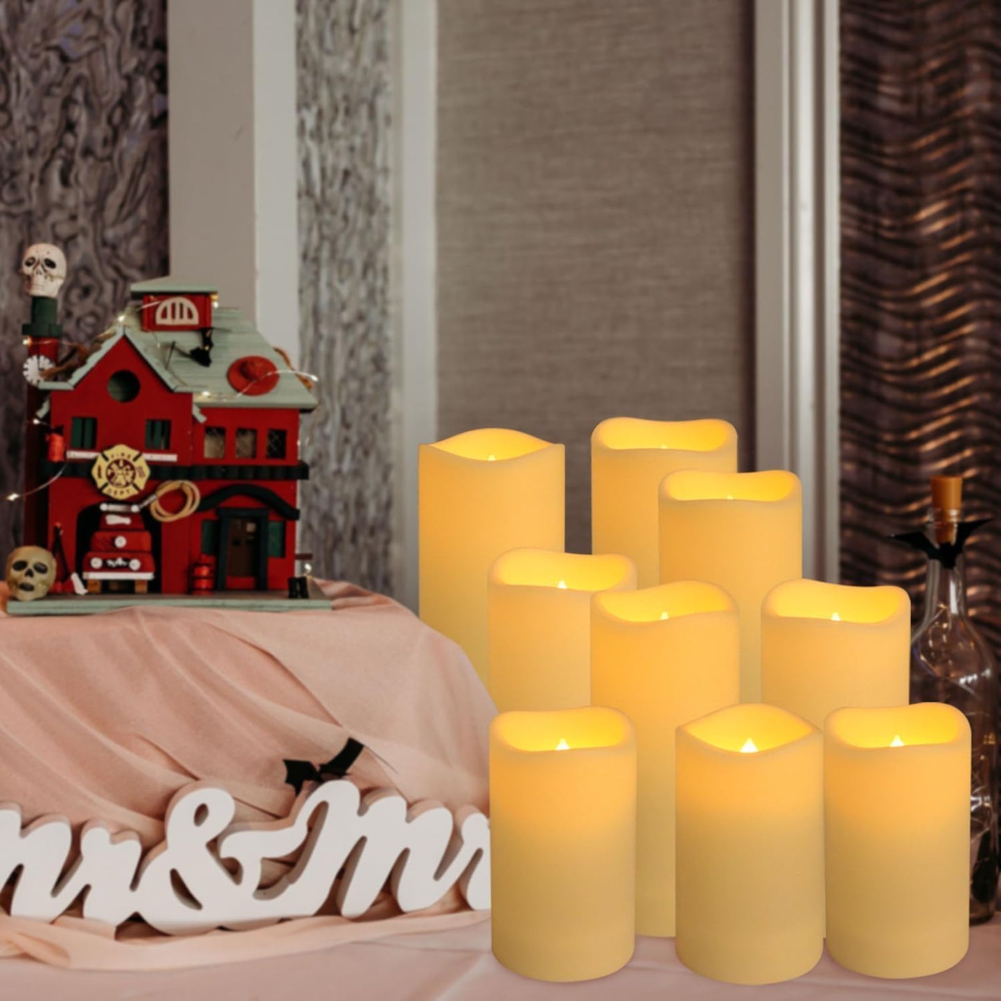 Enpornk Flameless Battery Operated Outdoor Waterproof Set of 12(D: 3" x H: 3" 4" 5" 6") Pillar LED Candles with 10-Key Remote and Cycling 24 Hours Timer