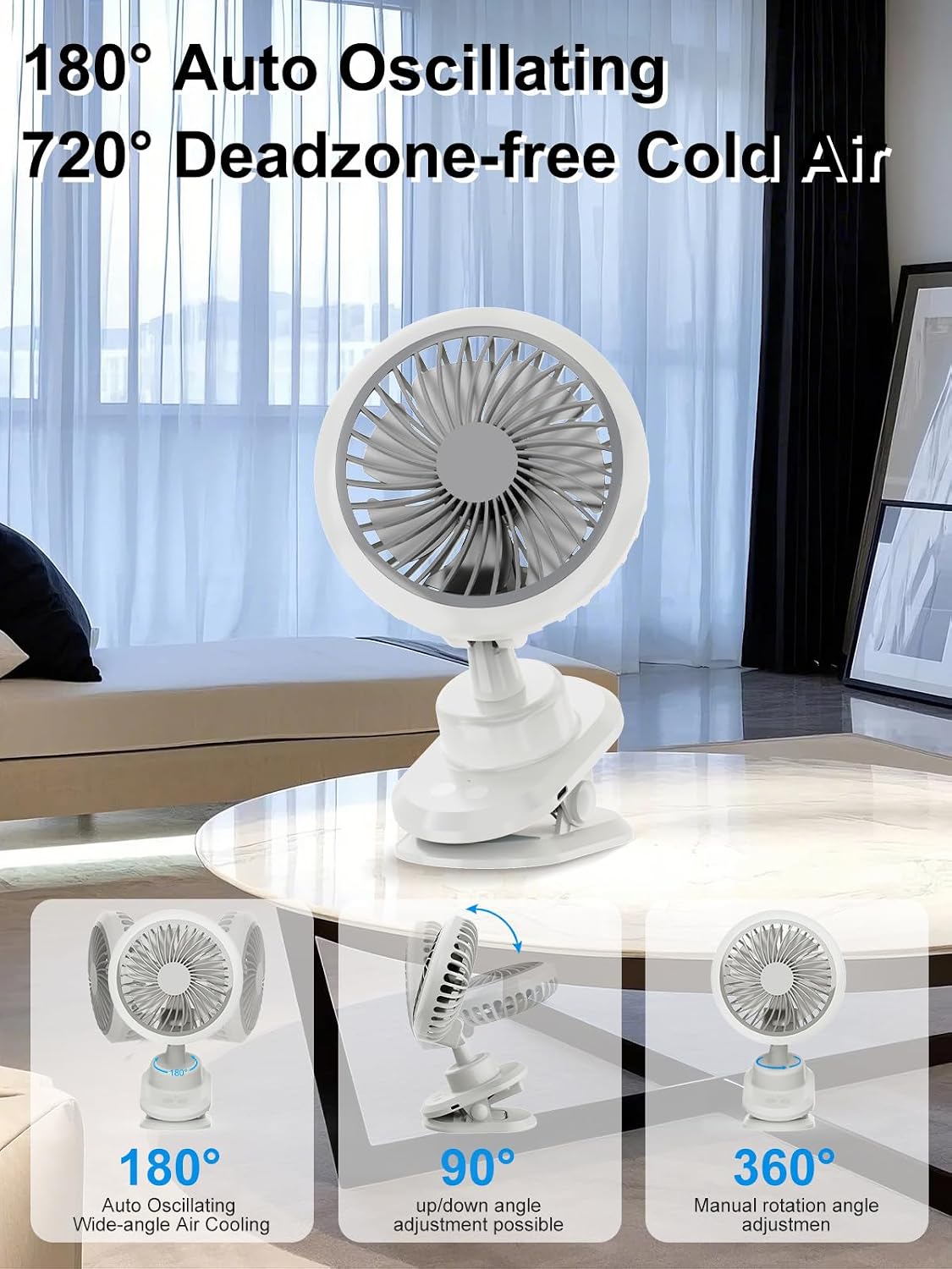 10000mAh Oscillating Desk Clip on Fan,USB Rechargeable,Portable Small Personal Fans,6-Inch Quiet,5Speed Strong Wind,Sturdy Clip,for Office/Bedroom/Room/Camping/Travel/Tent/Stroller.White