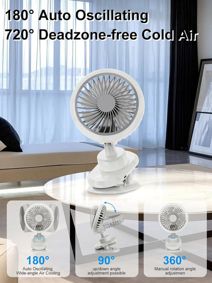 10000mAh Oscillating Desk Clip on Fan,USB Rechargeable,Portable Small Personal Fans,6-Inch Quiet,5Speed Strong Wind,Sturdy Clip,for Office/Bedroom/Room/Camping/Travel/Tent/Stroller.White