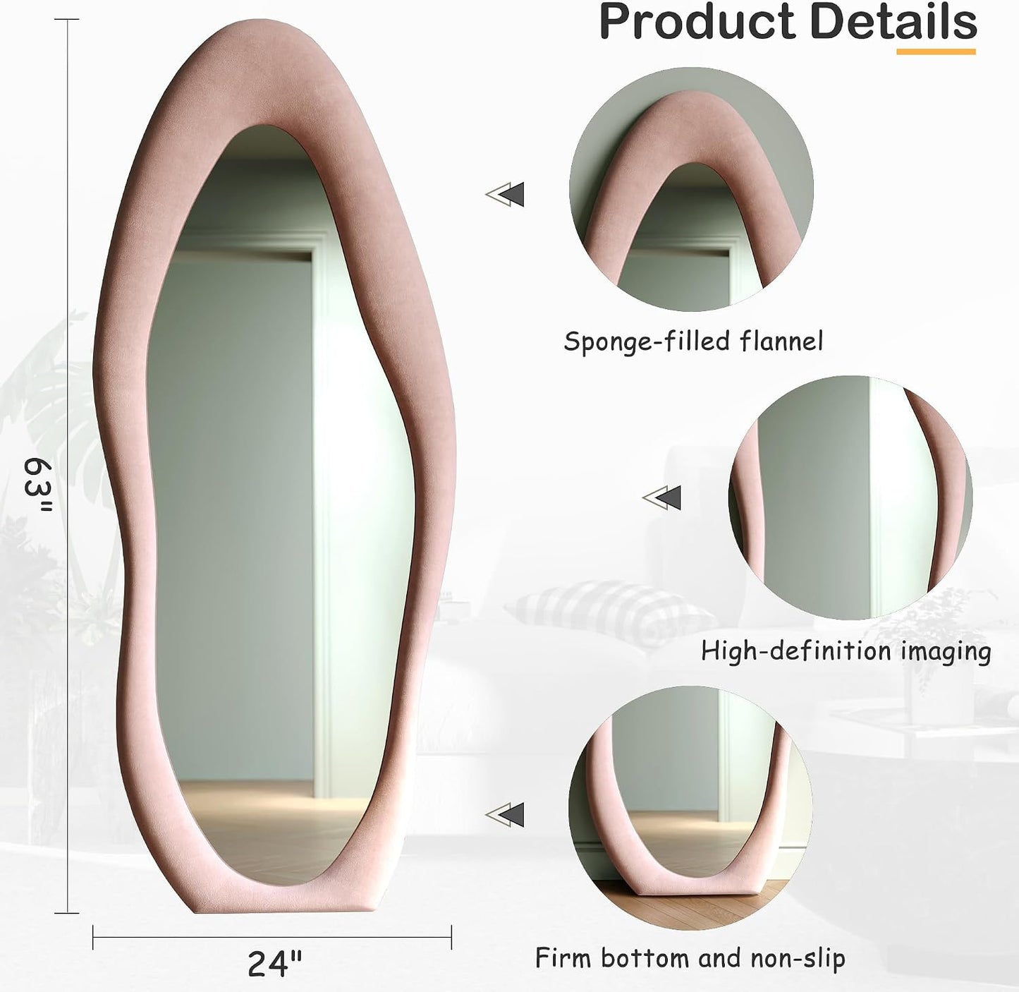 Honyee Full Length Mirror, 63" x 24" Wall Mirror, Flannel Wrapped Wooden Frame Floor Mirror, Irregular Wavy Mirror Hanging or Leaning Against Wall for Cloakroom/Bedroom/Living Room, Milk Tea