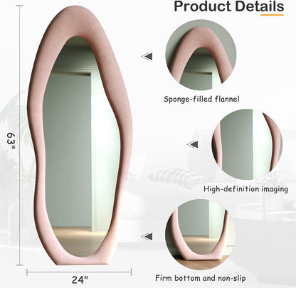 Honyee Full Length Mirror, 63" x 24" Wall Mirror, Flannel Wrapped Wooden Frame Floor Mirror, Irregular Wavy Mirror Hanging or Leaning Against Wall for Cloakroom/Bedroom/Living Room, Milk Tea