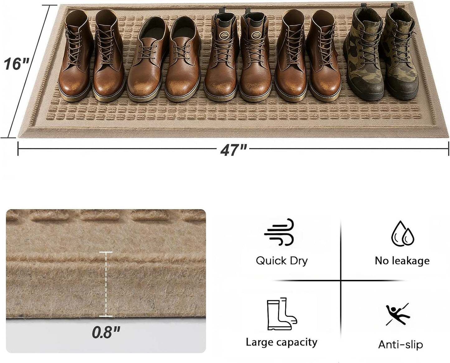 HIYARD Boot Tray for Entryway, Non-Slip Shoe Tray Drying Mat, Waterproof Boot Mat for Muddy Boots, Heavy Duty Shoe Storage Trays, Indoor/Outdoor Use, 16x47 inches, Beige