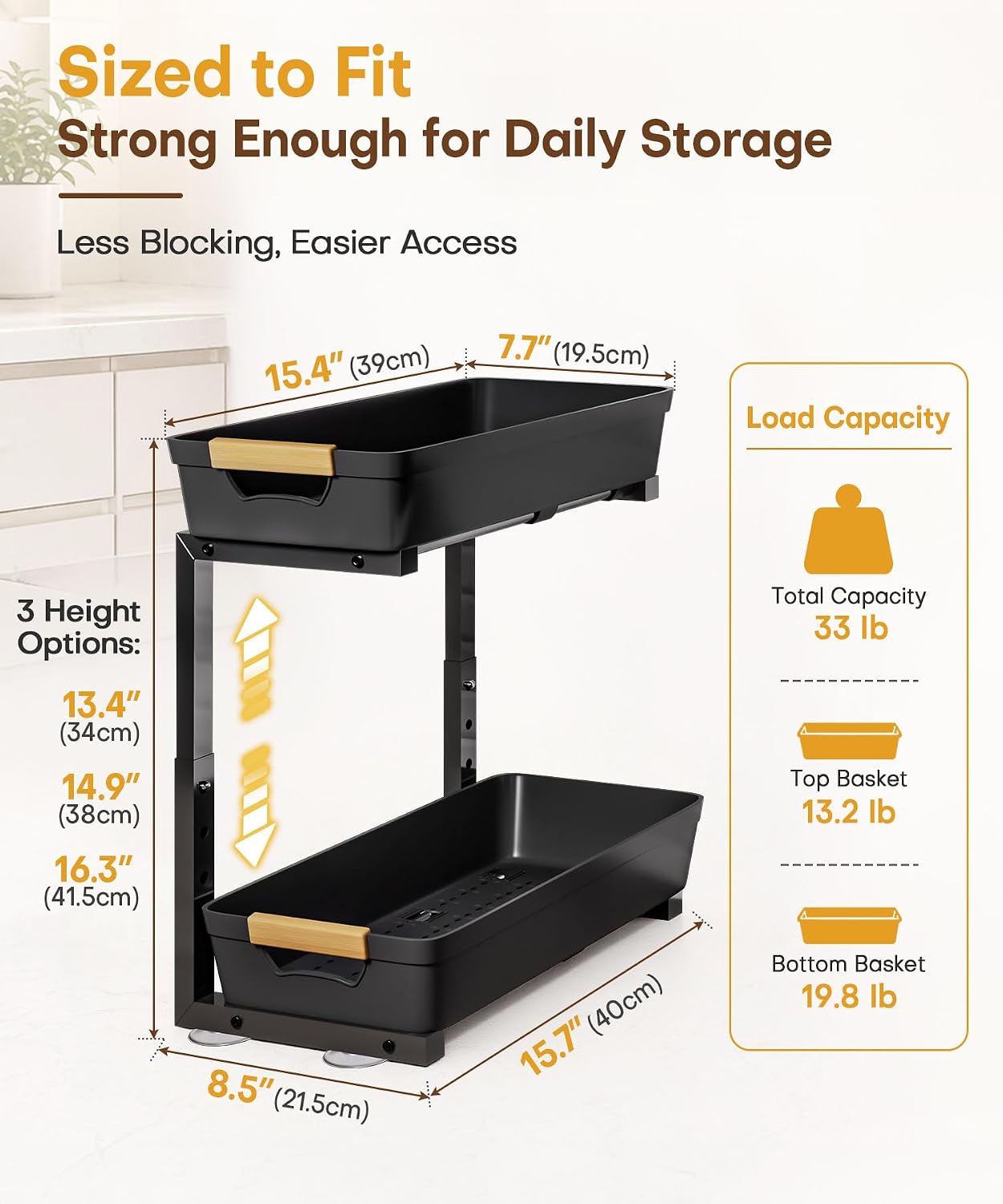 Homde Sliding Under Sink Organizer: 2 Pack 2-Tier Cabinet Shelf with Upper & Lower Pull-Out Baskets - C-Shaped 3 Adjustable Heights for Kitchen Bathroom