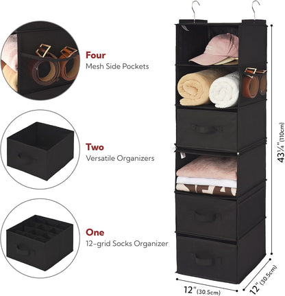GRANNY SAYS Hanging Closet Organizer 6 Shelves, Closet Organizers and Storage with 5 Drawers, 6 Side Pockets Closet Hanging Organizer, Hanging Storage Organizer for Closet, Baby Clothes, Gray