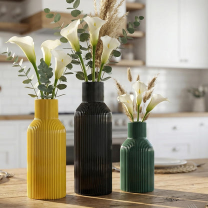 White Ceramic Flower Vases Set of 3, Modern Matte Vertical Ribbed, Nordic Minimalist Decor for Pampas, Dried & Fresh Flowers, Centerpiece for Living Room, Shelf, Entryway, Wedding,Office