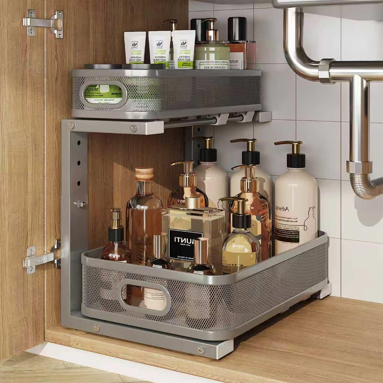 2 Pack Under Sink Organizer With Smooth Cylindrical Rail,2-Tier Pull Out Multi-Purpose Cabinet Storage for Bathroom&Kitchen,Height Adjustable,Rust-resistant Coating-White
