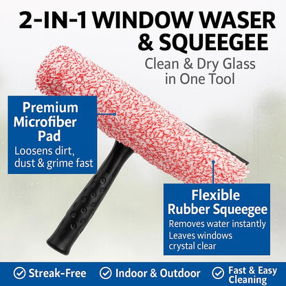 Libman 2-in-1 Window Washer & Squeegee – Premium Microfiber Glass Cleaner, Streak-Free Window Cleaning Tool, Fits Telescopic Poles – 11.25" Wide Head for Windows, Mirrors, Shower Doors, and Cars