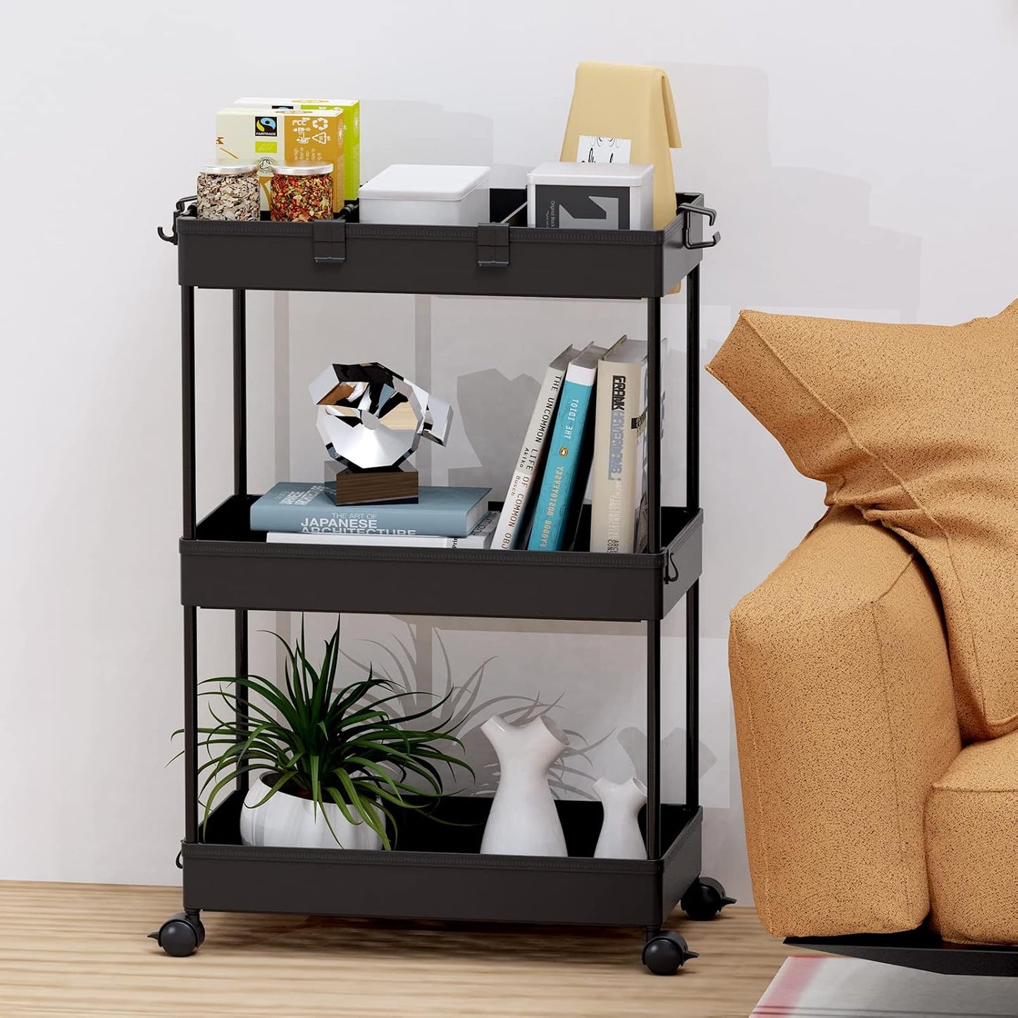 SPACELEAD 3 Tier Rolling Cart with Wheels, Storage Craft Art Trolley Organizer Serving, 3 Hanging Baskets Easy Assembly, for Office, Bathroom，Living Room, Kitchen, White