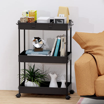 SPACELEAD 3 Tier Rolling Cart with Wheels, Storage Craft Art Trolley Organizer Serving, 3 Hanging Baskets Easy Assembly, for Office, Bathroom，Living Room, Kitchen, White