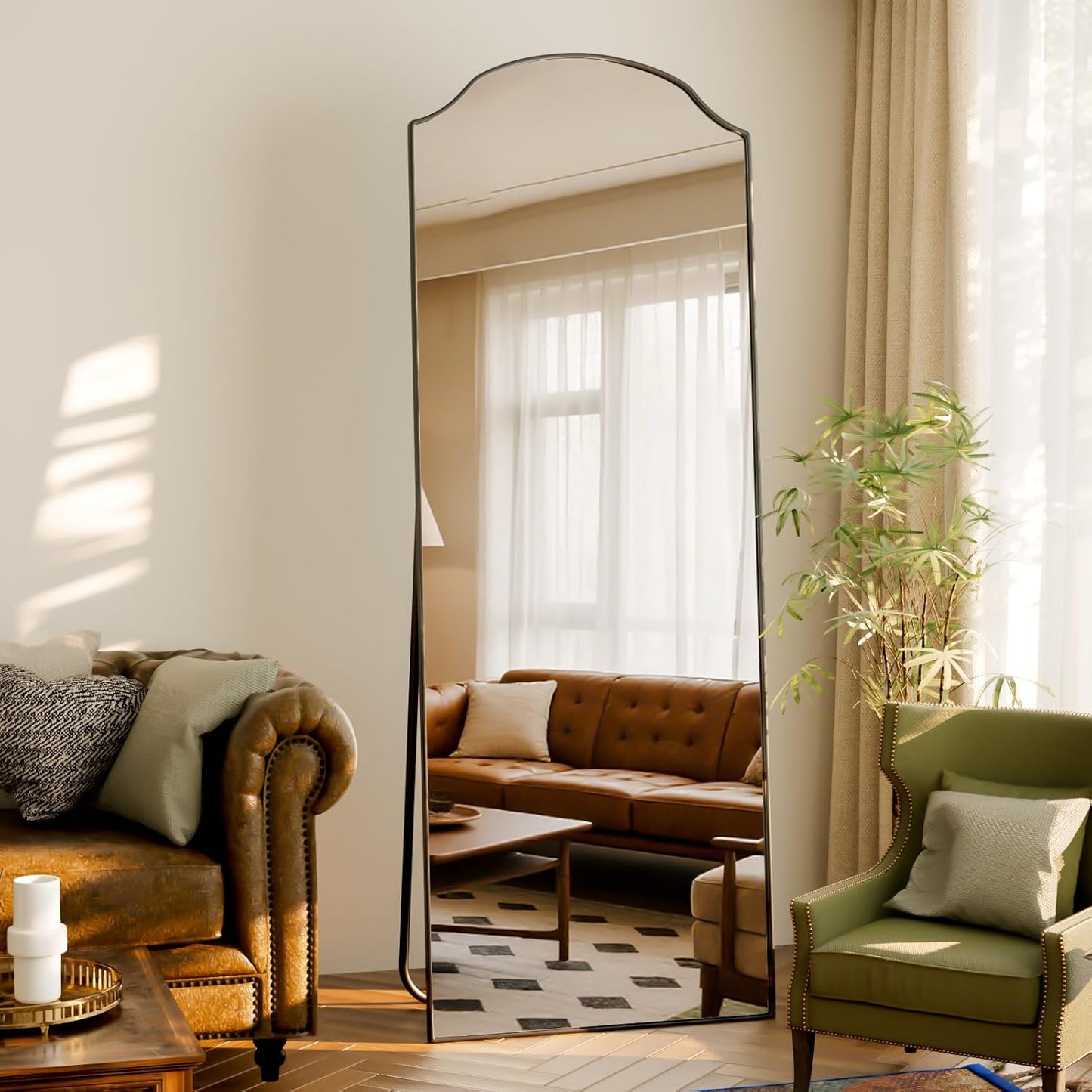 VooBang Triple-Arched Mirror Full Length, 65" x 24" Floor Mirror with Stand, Matte Aluminum Alloy Frame Full Body Mirror, Standing Hanging or Leaning for Bedroom and Living Room, Black