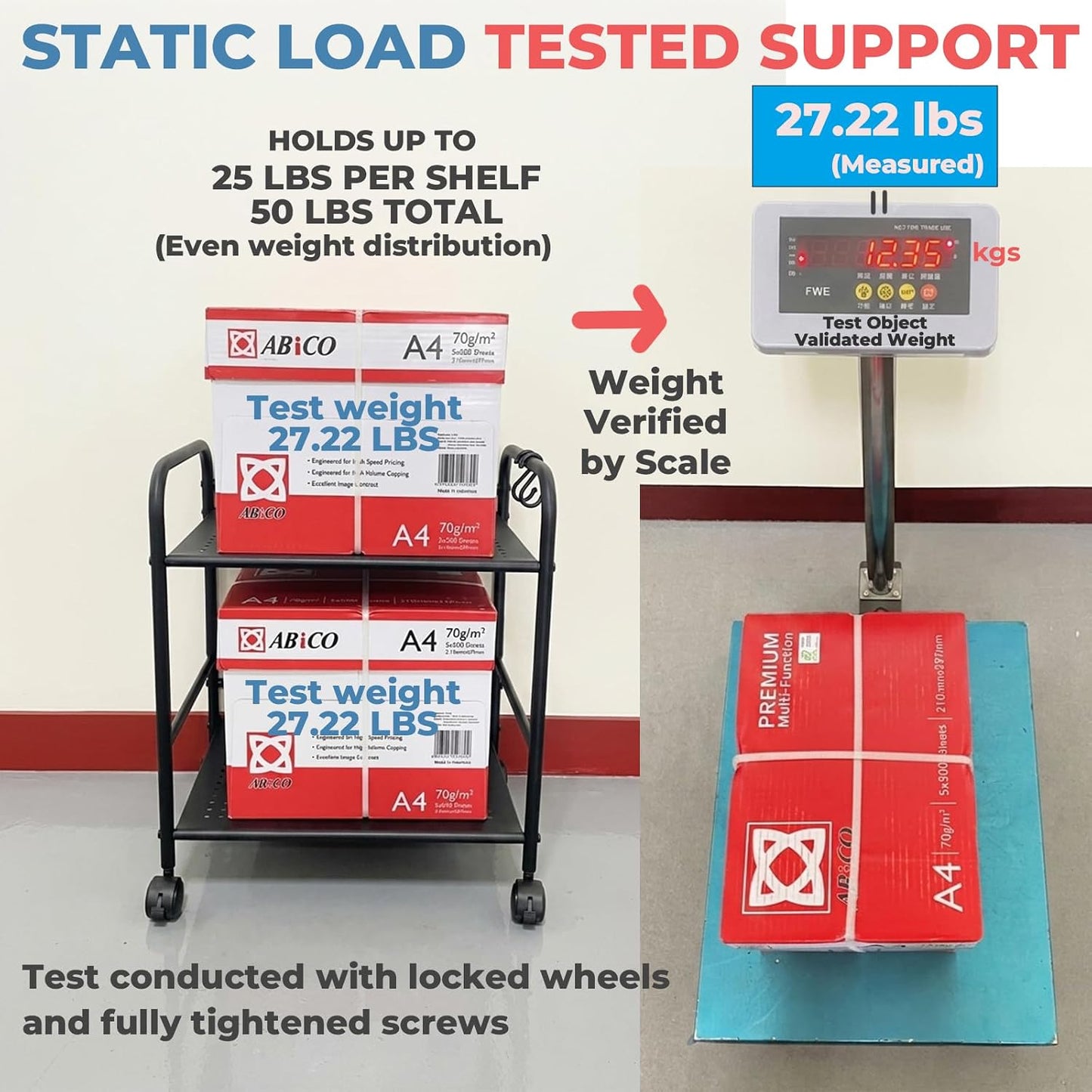 2-Tier Metal Rolling Cart, Compact Under Desk Storage Organizer | 12.2" clearance fits binders & tall bottles; anti-drop safety guard; small space mobile shelf for home, bedroom & office.