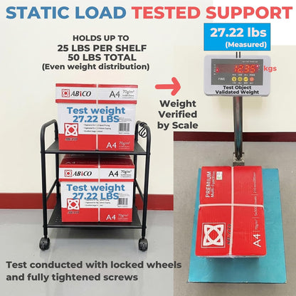 2-Tier Metal Rolling Cart, Compact Under Desk Storage Organizer | 12.2" clearance fits binders & tall bottles; anti-drop safety guard; small space mobile shelf for home, bedroom & office.