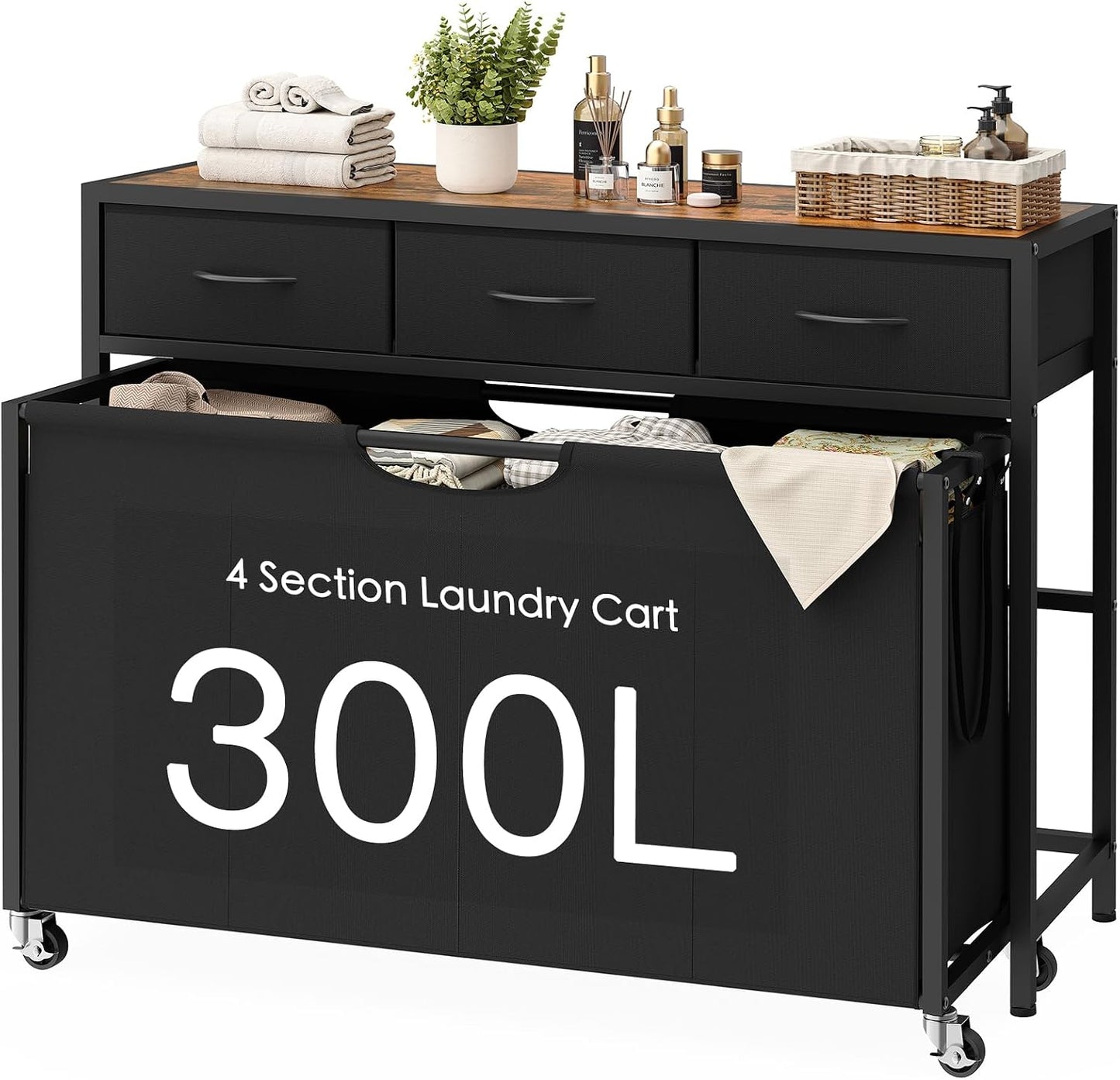 Laundry Sorter 3 Section, 120 L Laundry Hamper with 2 Drawers & 2-tone Top Panel, Rolling Laundry Basket Organizer with Pull-Out Removable Oxford Fabric Bags for Laundry Room Organization UNZYL006BVV3
