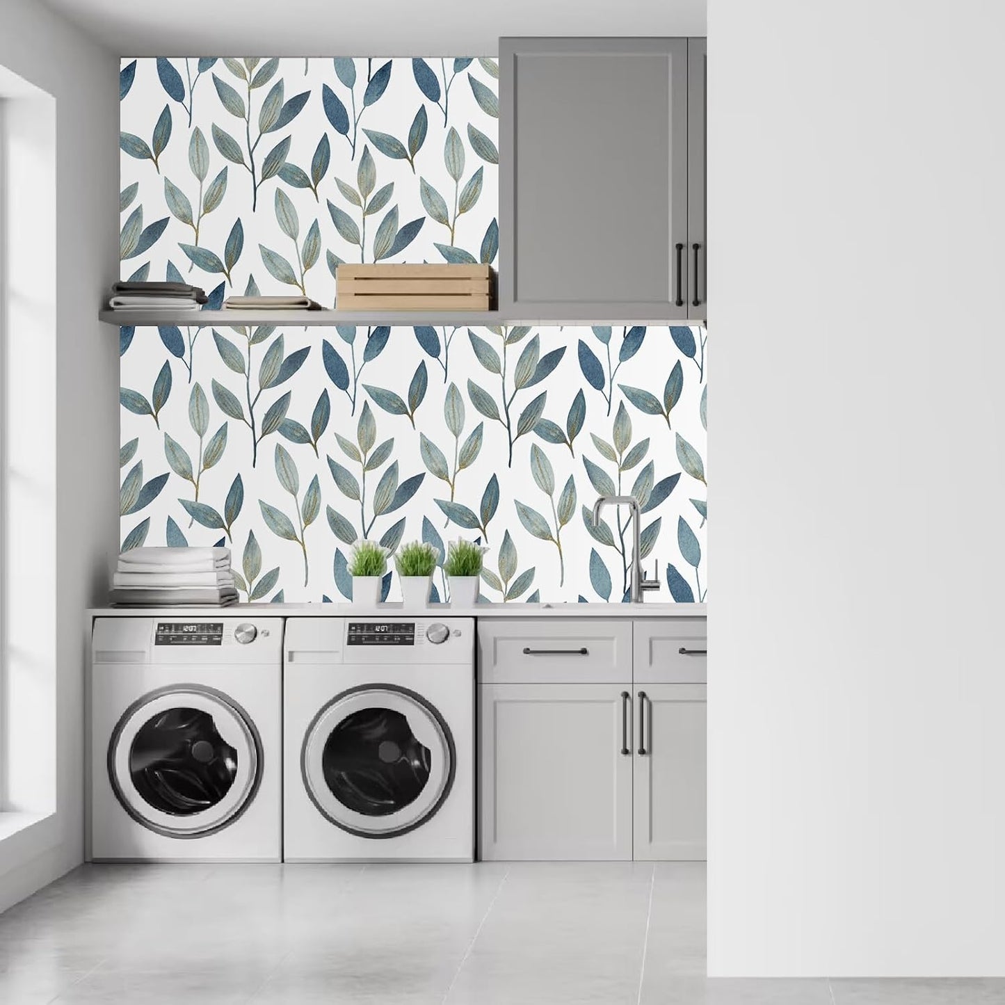 Blue Gold Leaf Peel and Stick Wallpaper Modern Self Adhesive Contact Paper Waterproof Removable Wall Paper for Bathroom Living Room 17.7"x70.8" Luxury Decorative Wallpaper
