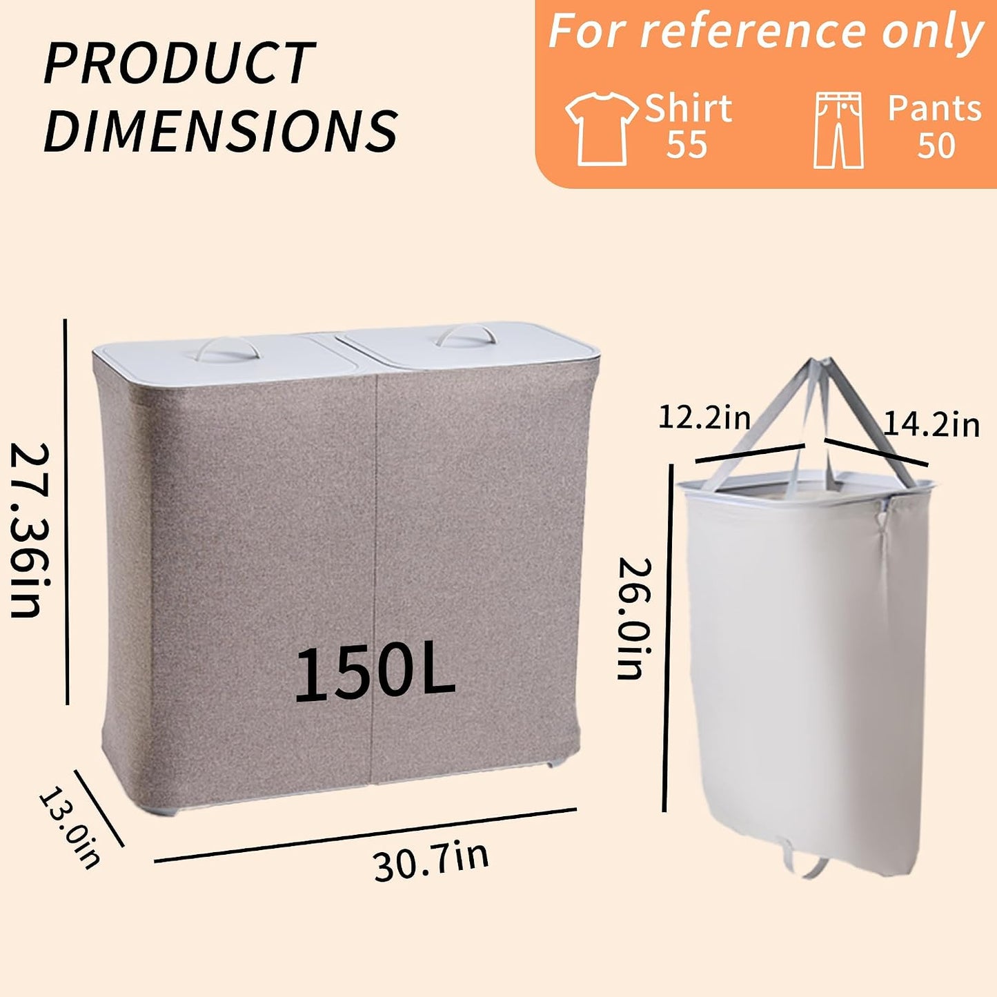 150L Laundry Hamper with Lid, 2 Compartment Sorter for Bedroom | Dual Basket for Dirty Clothes, Removable Bags, Sturdy for Laundry Room